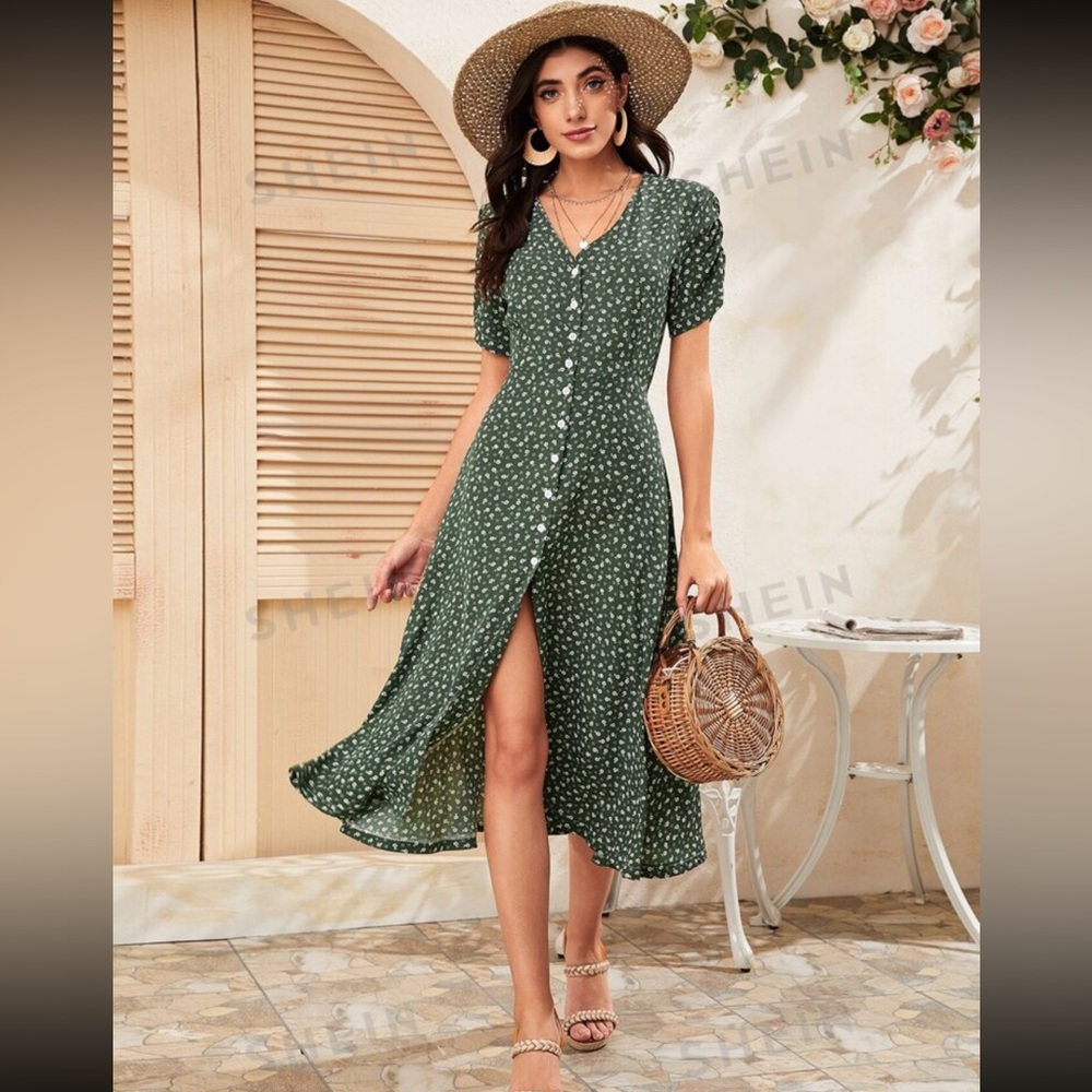 SHEIN Olive Floral Button-Up Midi Dress